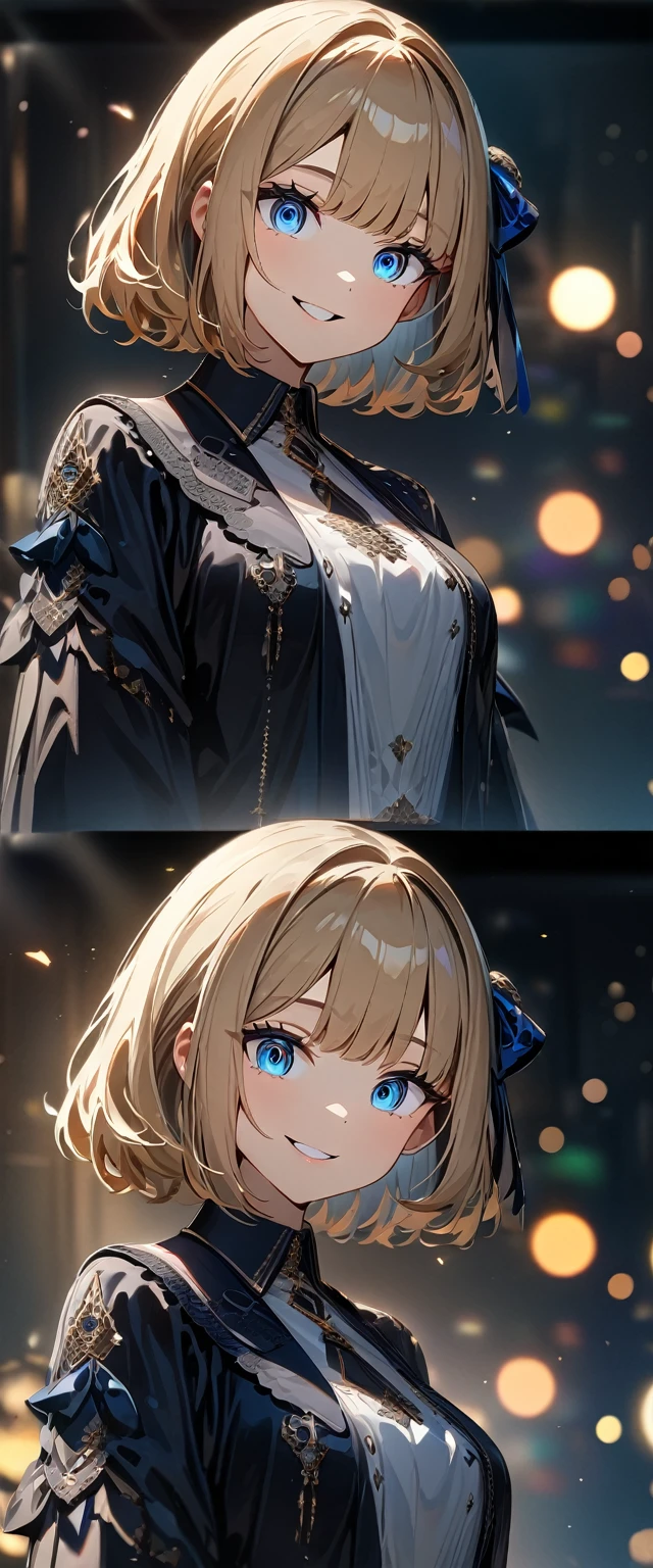 (((One girl))), Shibuya, blond hair, bob cut, (looking at viewer), breasts, teenager, head tilt:1.3, (((blue eye))), constricted pupils, (from side:1.3), ((happy smile)), gothic lolita:1.3, hair ornament, hair ribbon, anime style, (best quality, 4k, 8k, highres, masterpiece:1.2, ultra-detailed, ultra-detailed eyes, HDR, UHD, studio lighting, ultra-fine painting, sharp focus, physically-based rendering, extreme detail description, professional, vivid colors, bokeh)