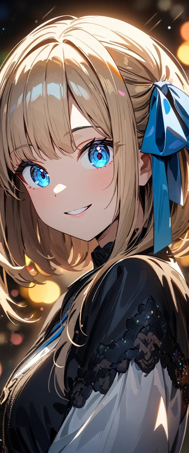 (((One girl))), Shibuya, blond hair, bob cut, (looking at viewer), breasts, teenager, head tilt:1.3, (((blue eye))), constricted pupils, (from side:1.3), ((happy smile)), gothic lolita:1.3, hair ornament, hair ribbon, anime style, (best quality, 4k, 8k, highres, masterpiece:1.2, ultra-detailed, ultra-detailed eyes, HDR, UHD, studio lighting, ultra-fine painting, sharp focus, physically-based rendering, extreme detail description, professional, vivid colors, bokeh)