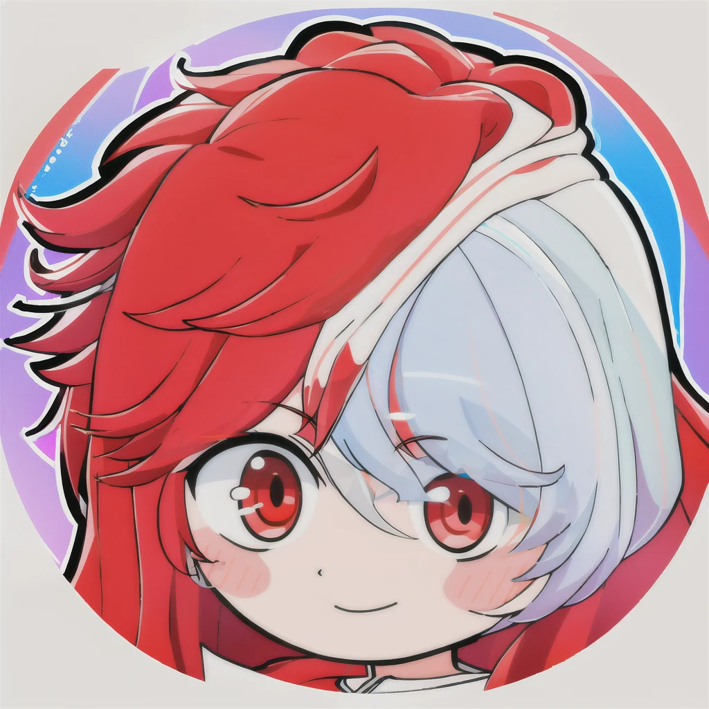 (high quality, high resolution:1.3), 4k, masterpiece, 
BREAK
1girl, chibi, outline, upper body, red hair, red eyes, smile, blush, face, blue shirt, blue background, simple background, kana_arima\(oshinoko\), 