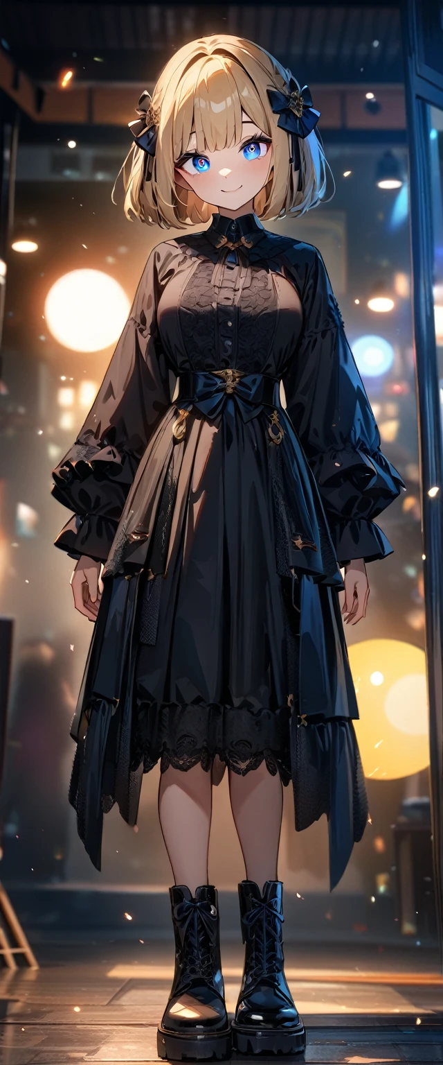 (((One girl))), Shibuya, blond hair, bob cut, (looking at viewer), full body, breasts, teenager, head tilt:1.3, (((blue eye))), constricted pupils, (from side:1.3), ((happy smile)), gothic lolita:1.3, hair ornament, hair ribbon, anime style, (best quality, 4k, 8k, highres, masterpiece:1.2, ultra-detailed, ultra-detailed eyes, HDR, UHD, studio lighting, ultra-fine painting, sharp focus, physically-based rendering, extreme detail description, professional, vivid colors, bokeh)