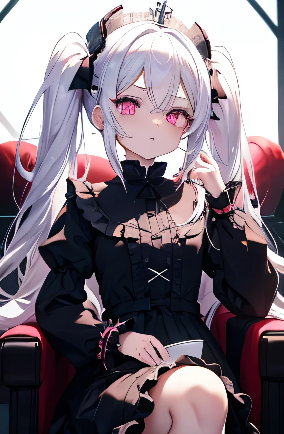 One Girl、White Hair、Hairstyle、Twin tails、Pink eyes、Droopy eyes、Black Gothic Lolita Fashion、whole body、crown, Crossing your legs、Sitting on the throne、Severe、white hair, twintails, sidelocks, raised eyebrows, tareme, pink eyes, chin grab, disdain, backlighting, uhd, anatomically correct, anatomically correct, super detail