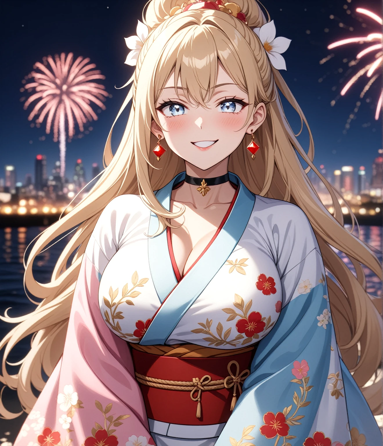 ((Two Women)), Beautiful Face, (Laughing embarrassedly), ((smirk)), ((Wink:1.8)),  ((hug from behind:1.3)), Laugh with your mouth wide open,((Bright red cheeks:1.4)),Shiny red lips, night,横浜のnight景,You can see the ocean, firework,Glossy pink lips,Facial lighting,((Anime style background)),masterpiece, Highest quality, so beautiful,up to date, Complex details, (4fingers and 1thumbs), (Pink long nails), (ring),(bracelet),(choker),AI-generated, Complex,High resolution, Highest quality, super high quality,3D Images、3D Images,One person,Long white hair in a high ponytail, ((Fine grain、Silvery white eyes、Shining Eyes:1.4)), (Squint your eyes:1.1), Long blonde hair in a high ponytail, ((Fine grain、Blue-white eyes、Shining Eyes:1.4)), (Squint your eyes:1.1), Anime woman posing for a photo, a hyperRealistic , hyperRealistic , Realistic,Anime woman with long white hair, Smooth anime CG art, A woman in a colorful kimono with gold embroidery, (Black long sleeve kimono),(Pink long sleeve kimono), Red floral pattern,Long flower hair ornament,Earrings,Mature Body,(Big Breasts:1.1),Tall,Abdominal muscles,Narrow waist,(Zoom in on face), 