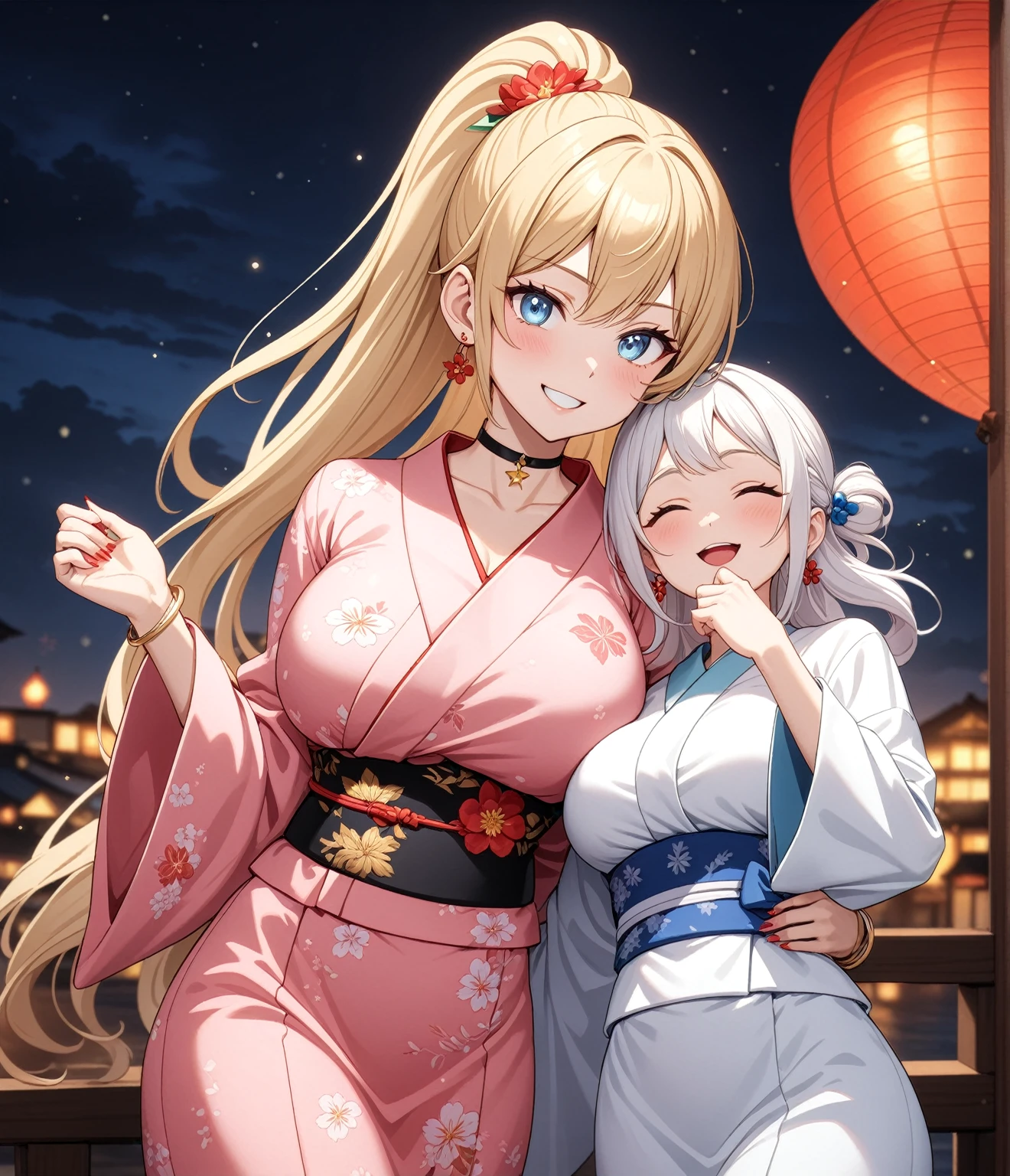 ((Two Women)), Beautiful Face, (Laughing embarrassedly), ((smirk)), ((Wink:1.8)), ((hug from behind:1.3)), Laugh with your mouth wide open,((Bright red cheeks:1.4)),Shiny red lips, night,横浜のnight景,You can see the ocean, firework,Glossy pink lips,Facial lighting,((Anime style background)),masterpiece, Highest quality, so beautiful,up to date, Complex details, (4fingers and 1thumbs), (Pink long nails), (ring),(bracelet),(choker),AI-generated, Complex,High resolution, Highest quality, super high quality,3D Images、3D Images,One person,Long white hair in a high ponytail, ((Fine grain、Silvery white eyes、Shining Eyes:1.4)), (Squint your eyes:1.1), Long blonde hair in a high ponytail, ((Fine grain、Blue-white eyes、Shining Eyes:1.4)), (Squint your eyes:1.1), Anime woman posing for a photo, a hyperRealistic , hyperRealistic , Realistic,Anime woman with long white hair, Smooth anime CG art, A woman in a colorful kimono with gold embroidery, (Black long sleeve kimono),(Pink long sleeve kimono), Red floral pattern,Long flower hair ornament,Earrings,Mature Body,(Big Breasts:1.1),Tall,Abdominal muscles,Narrow waist,(Zoom in on face),