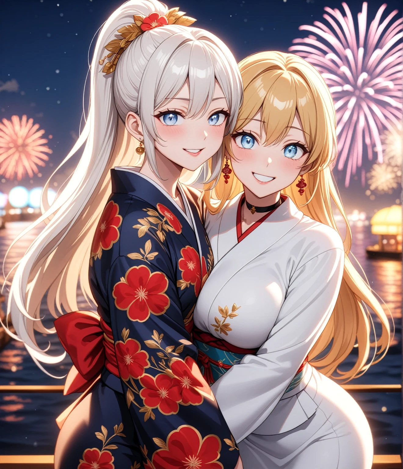 ((Two Women)), Beautiful Face, (Laughing embarrassedly), ((smirk)), ((Wink:1.8)), ((hug from behind:1.3)), Laugh with your mouth wide open,((Bright red cheeks:1.4)),Shiny red lips, night,横浜のnight景,You can see the ocean, firework,Glossy pink lips,Facial lighting,((Anime style background)),masterpiece, Highest quality, so beautiful,up to date, Complex details, (4fingers and 1thumbs), (Pink long nails), (ring),(bracelet),(choker),AI-generated, Complex,High resolution, Highest quality, super high quality,3D Images、3D Images,One person,Long white hair in a high ponytail, ((Fine grain、Silvery white eyes、Shining Eyes:1.4)), (Squint your eyes:1.1), Long blonde hair in a high ponytail, ((Fine grain、Blue-white eyes、Shining Eyes:1.4)), (Squint your eyes:1.1), Anime woman posing for a photo, a hyperRealistic , hyperRealistic , Realistic,Anime woman with long white hair, Smooth anime CG art, A woman in a colorful kimono with gold embroidery, (Black long sleeve kimono),(Pink long sleeve kimono), Red floral pattern,Long flower hair ornament,Earrings,Mature Body,(Big Breasts:1.1),Tall,Abdominal muscles,Narrow waist,(Zoom in on face),