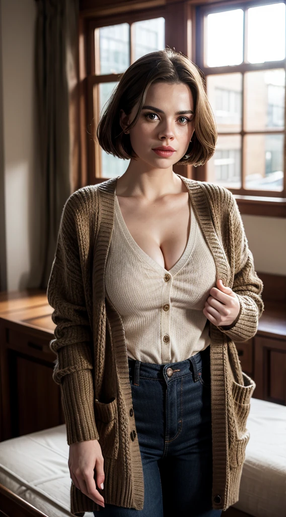 Hayley Atwell with huge , open cardigan, Huge breasts showing