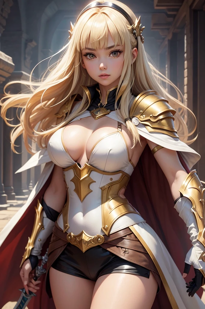 Perfect human body modeling, 1girl, pretty face, blunt bangs, Long hair, drill hair, twin drills, blonde hair, shiny hair, glow eyes, jitome, brown eyes, tsurime, white skin, huge breasts, Short body, Western-style fantasy, RPG, Rocky mountains, desert, Red cape, Golden knight, Golden Armor, she is holding a large sword and a large shield.