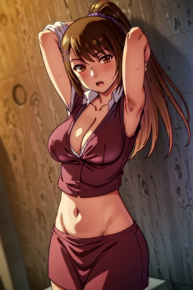1girl, mature_female, breasts, underwear, panties, sae chabashira, (30 year old adult woman:1.5),long hair, (black髪:1.5), hair ornaments, (brown eyes:1.5), ponytail, hair clip ,, , bra, armpits, solo, sweat, large_breasts, pov , undressing in pov, cleavage, looking_at_viewer,  arms_up, , blush,, open_mouth, navel, , undressing , mature body , milf , busty , wide ass