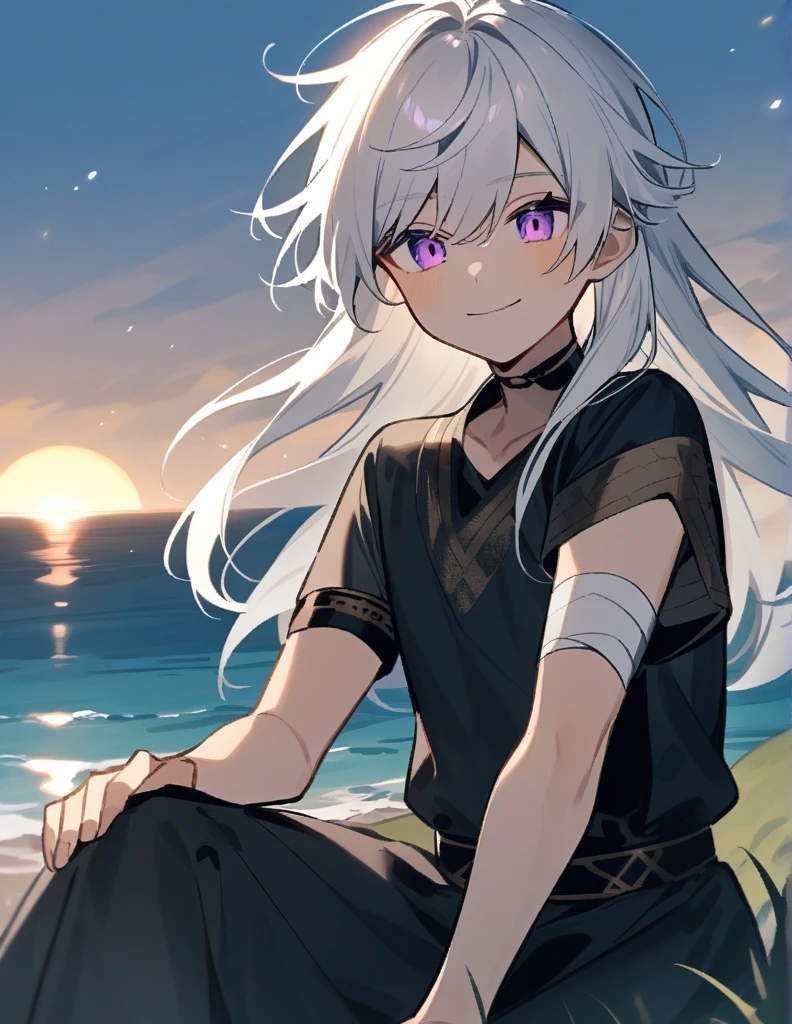 Greek boy with shoulder-length long white hair, violet eyes, with one arm bandaged, sitting on a hill facing the sea and giving a gentle smile