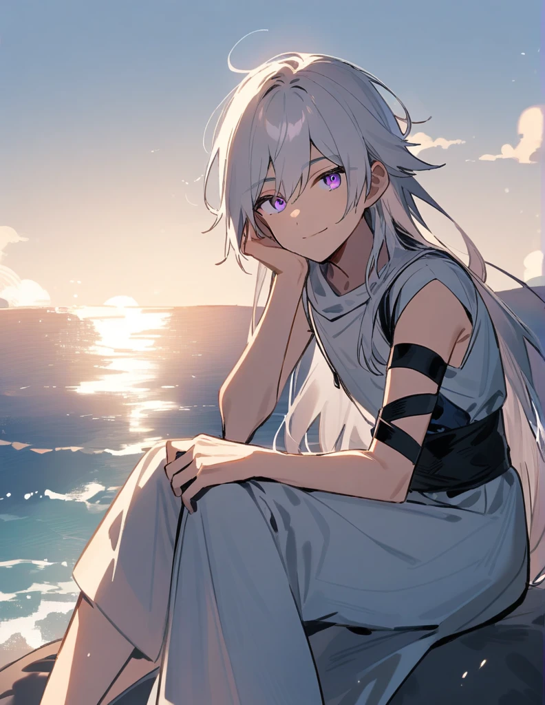 Greek boy with shoulder-length long white hair, violet eyes, with one arm bandaged, sitting on a hill facing the sea and giving a gentle smile