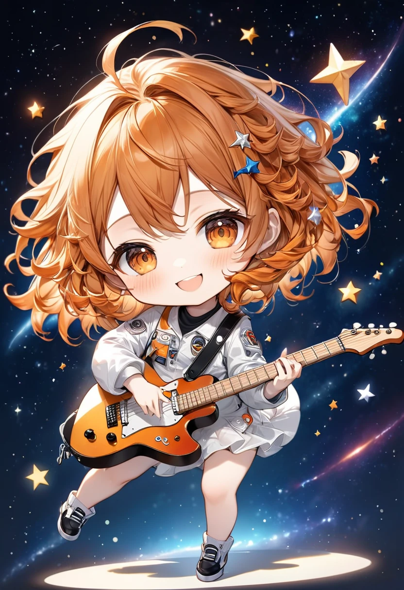 (chibi, big head, full body, super deformed), best quality, super fine, 16k, incredibly absurdres, extremely detailed, 2.5D, delicate and dynamic depiction, cute girl, smiling, orange messy wavy hair, playing star-shaped guitar, dancing notes effect, space background, portrait