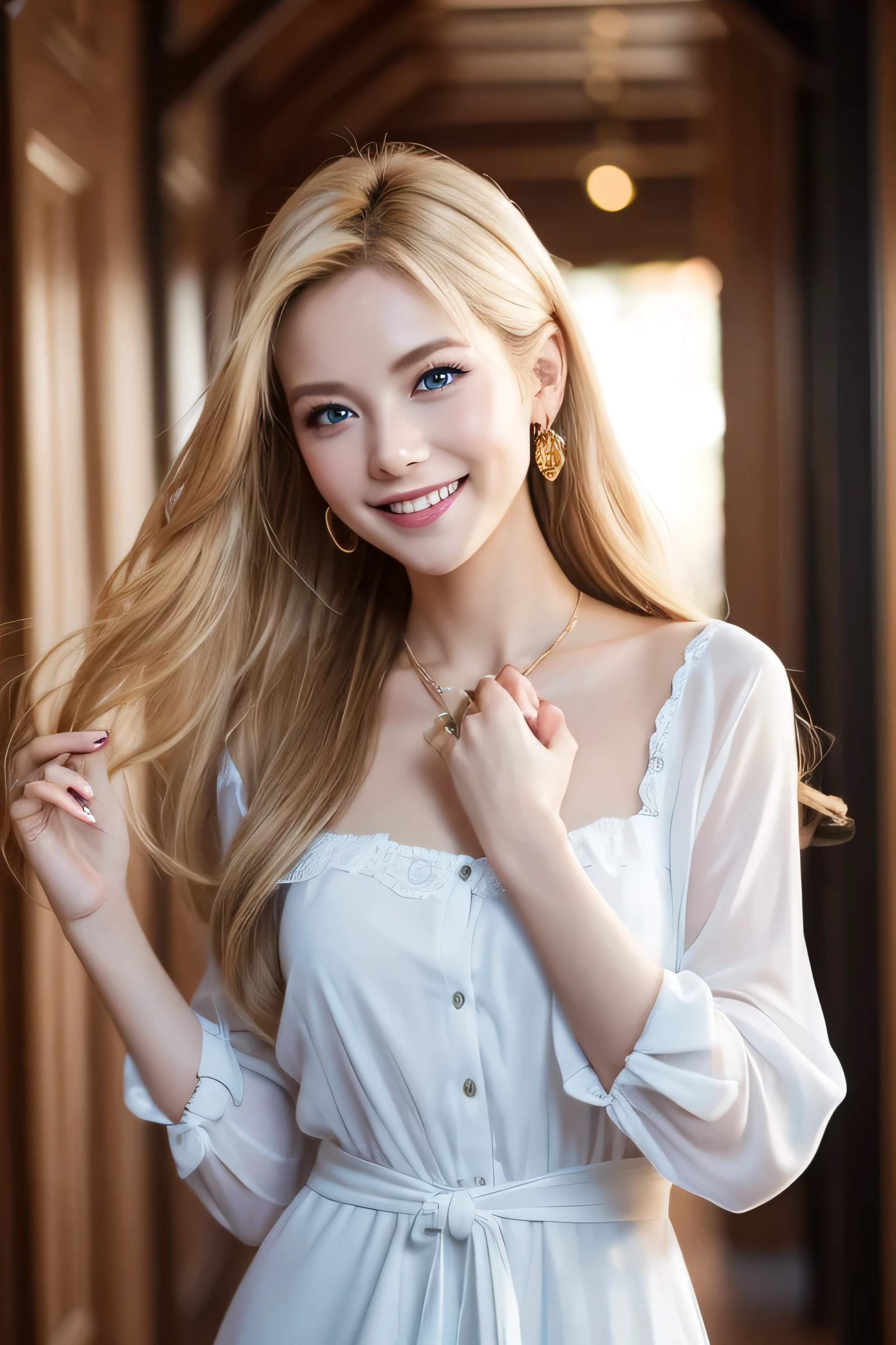 8K,Bushy blonde adult woman,so beautiful(Like the real thing), Big smile, elegant, Long nails, Hairstyle, Beautiful expression,blue eyes, Messy, I am proud, absurdes, Elegant dress,Cowboy Shot, Portraiture, (Highest quality), (Tabletop), (Very detailed), masterpiece,Highest quality photorealistic RAW photos。Backlight, Cinema Lighting, Film Grain, to be born, 50MM lens, Nikon D850,Ultra-Realistic Skin,Fantasy art,Character Art,Ultra-high resolution,Perfect hands,Compensate,wearing a white shirt mini dress,Place your left hand gently on your chin,Strongly blurred beautiful office corridor background,smile_Running towards here_long flowing Long straight hair