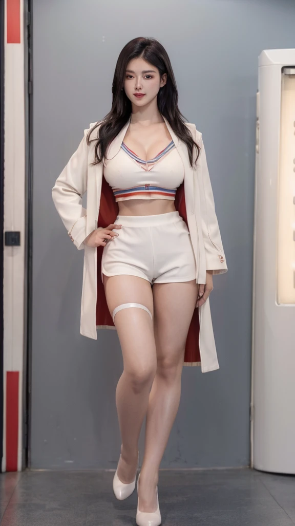 "Top CG, highest quality, masterpiece, delicate and delicate beautiful girl, ((185cm big beauty)), (tall figure), royal sister, queen temperament, fair skin, exposed chest, long legs, perfect facial features, bright eyes, red lips, beautiful and cold, ((big breasts)), beautiful and handsome, black hair, sparkling, see-through visible skin, {{girl in white tights}}, super detailed, (with blue and red stripes on clothes)), delicate glowing eyes, Crop top, white leather coat, tight leather coat, 4K quality, urban beauty, modern urban, realistic portrait,ULTRA HUGE BREASTS: 1.2, ((BIG BREASTS: 1.2),