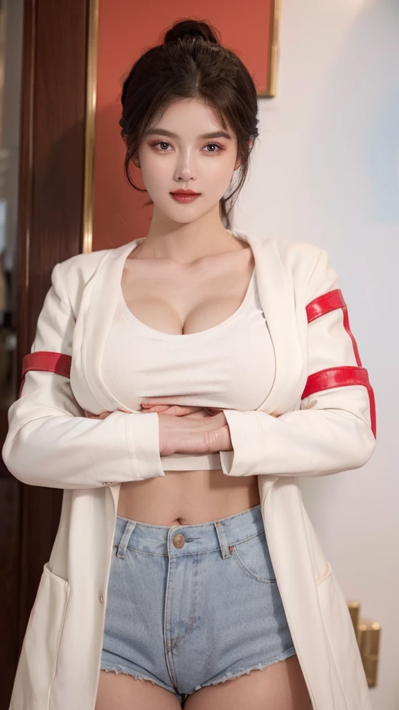 "Top CG, highest quality, masterpiece, delicate and delicate beautiful girl, ((185cm big beauty)), (tall figure), royal sister, queen temperament, fair skin, exposed chest, long legs, perfect facial features, bright eyes, red lips, beautiful and cold, ((big breasts)), beautiful and handsome, black hair, sparkling, see-through visible skin, {{girl in white tights}}, super detailed, (with blue and red stripes on clothes)), delicate glowing eyes, Crop top, white leather coat, tight leather coat, 4K quality, urban beauty, modern urban, realistic portrait,ULTRA HUGE BREASTS: 1.2, ((BIG BREASTS: 1.2),