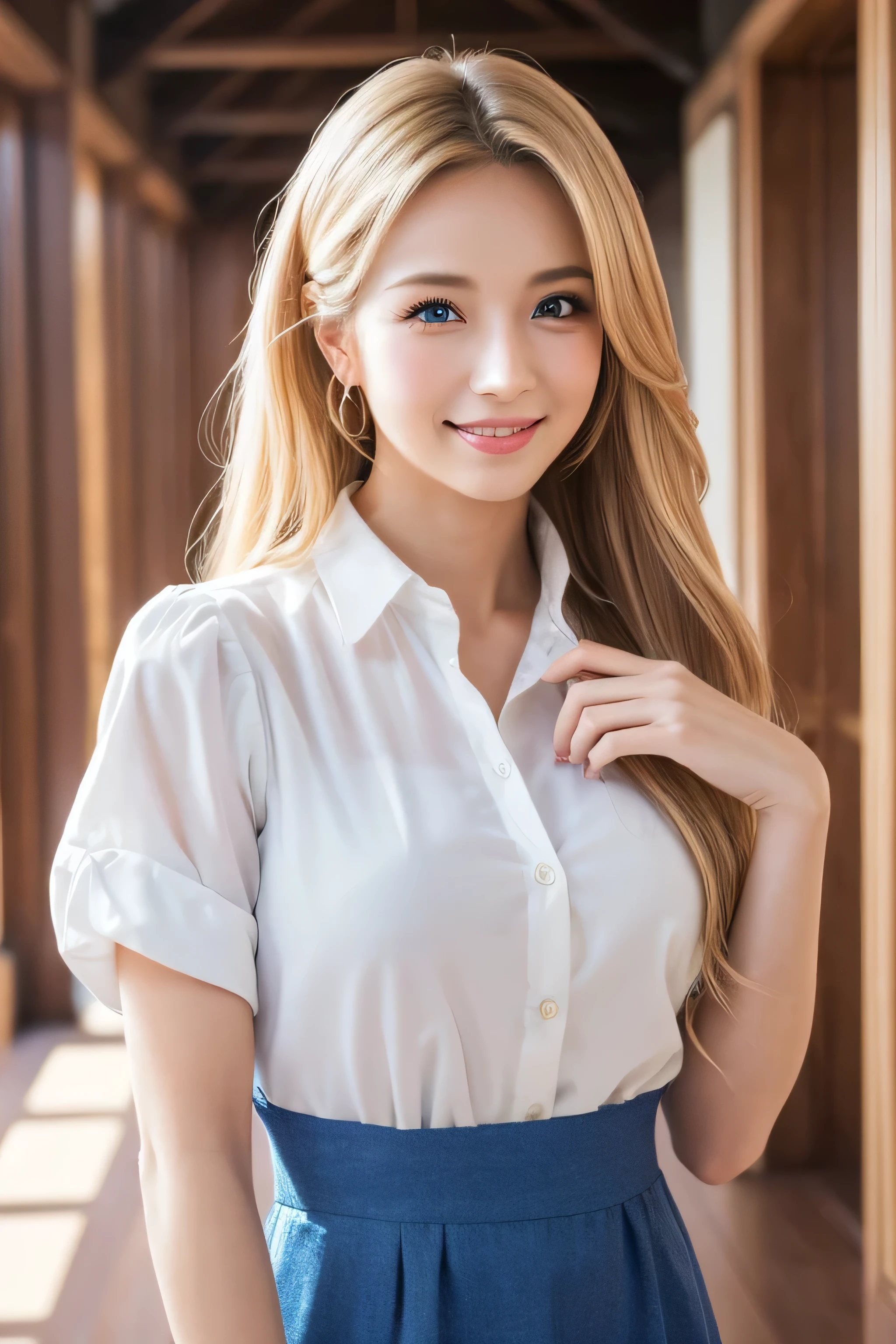 8K,Bushy blonde adult woman,so beautiful(Like the real thing), Big smile, elegant, Long nails, Hairstyle, Beautiful expression,blue eyes, Messy, I am proud, absurdes, Elegant dress,Cowboy Shot, Portraiture, (Highest quality), (Tabletop), (Very detailed), masterpiece,Highest quality photorealistic RAW photos。Backlight, Cinema Lighting, Film Grain, to be born, 50MM lens, Nikon D850,Ultra-Realistic Skin,Fantasy art,Character Art,Ultra-high resolution,Perfect hands,Compensate,wearing a white shirt mini dress,Place your left hand gently on your chin,Strongly blurred beautiful office corridor background,smile_Running towards here_long flowing Long straight hair