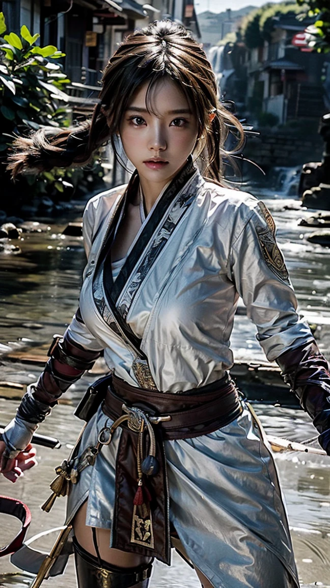 (Ultra HD, Highest quality, High resolution, 超Realisticな, so beautiful), 24000dpi, Beautiful woman, high school girl, Long Tail, head band, Well-formed eyes, greatest visual acuity, 18-year-old, Fascinating, Totally American, Perfect body, Big Breasts, Physical Beauty, Female fighter、Fantasy World、Is doing a kick、High resolution、Realistic、Realistic、Japanese、Intense movement