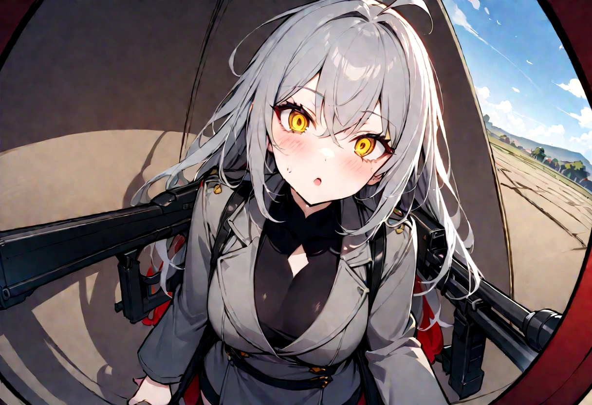 (masterpiece, best quality:1.2), 1girl, 独奏,Black military uniform、Grey long hair、Ahoge、Yellow Eyes、Ready your gun?、sniper rifle、Background of military bases、Fisheye Lens