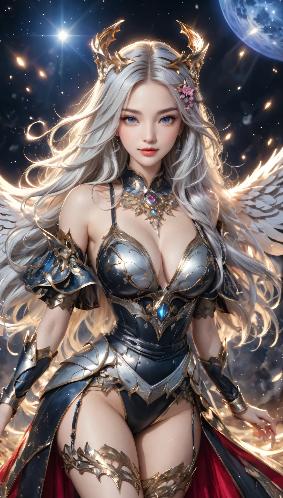 8K resolution, masterpiece, Highest quality, Award-winning works, unrealistic, From above, erotic, sole sexy lady, healthy shaped body, 22 years old, dark knight, 170cm tall, huge firm bouncing busts,, white silver long wavy hair, Detailed facial depictions, Break, Mysterious blue eyes, Standard nose, Eyeliner, pink lips, sexy long legs, Clear skin, knight, A holy sword that emits seven-colored light, Gothic armor, Complex structure of armor, Seven-colored colorful armor, Clothed in flames, Phoenix Crest, elegant, Very detailed, Delicate depiction of hair, miniature painting, Digital Painting, artステーション, コンセプトart, Smooth, Sharp focus, shape, artジャム、Greg Rutkowski、Alphonse Mucha、William Adolphe Bouguereau、art:Stephanie Law , Royal Jewel, nature, Symmetric, Greg Rutkowski, Charlie Bowwater, Unreal, Surreal, Dynamic Lighting, ファンタジーart, Complex colors, Colorful magic circle, flash, dynamic sexy poses, A kind smile, Mysterious Background, Aura, A gentle gaze, BREAK, Small faint lights and flying fireflies, night, lanthanum, 山の頂From above下界を見下ろす, Starry Sky, milky way, nebula, shooting star,, (Back view, Looking back towards the camera:1.3),