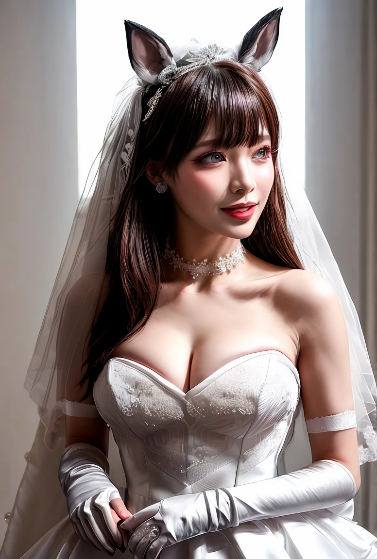 (masterpiece, high quality, highres:1), smile, open mouth, 1girl, (mejiro mcqueen), ((horse ears)), solo, long hair, flower, dress, tiara, beautiful bride in bridal dress, Blushing face, Head flower, headgear, (tube top wedding dress:1.5), (silk dress:1.2), (strapless wedding dress:1.5), pure white dress, necklace, earrings, (large breasts:1.3), Neck ornaments, Deep V peach heart collar wedding dress, Bouquet, lipstick, (White long elbow gloves:1.3), (Bridal veil:1.2), (Transparent short veil:1.2), upper body, parted bangs, very long hair, blue dress, frills, bangs, closed mouth, detailed eyes, gleaming skin, shiny glossy skin