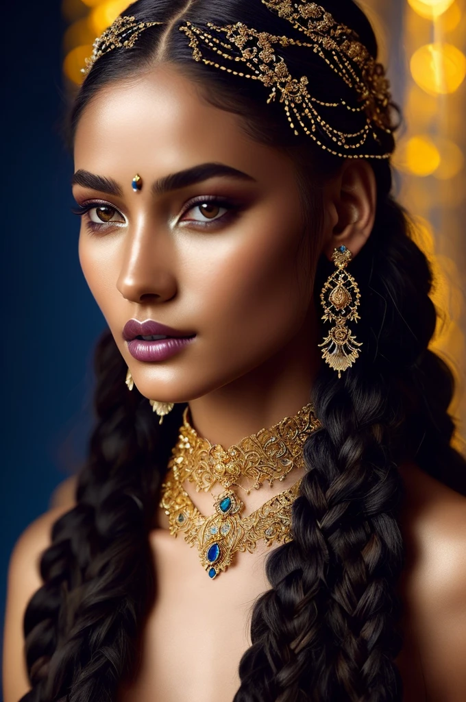 Close-up of a fantastical being with blue skin, golden accents and intricate patterns, delicate golden sparkles creating a glowing effect, serene and mysterious expression, braided hair with golden beads, elaborate headpiece with ornate details, soft blur background to emphasize her ethereal beauty, intricate adornments highlight her otherworldly nature, glowing golden details creating a mystical aura, eyes filled with a deep, soulful gaze, lips slightly parted hinting at a soft whisper, golden jewelry and embellishments adding to the regal appearance, smooth and otherworldly texture of her skin, artistic use of light and shadow to enhance facial features, elements of fantasy and mysticism in her design, a sense of calm and wisdom emanating from her expression, blue skin contrasting beautifully with the golden details, headpiece featuring gemstones and floral motifs, hair styled in elegant thick braids, overall composition harmonious and captivating.