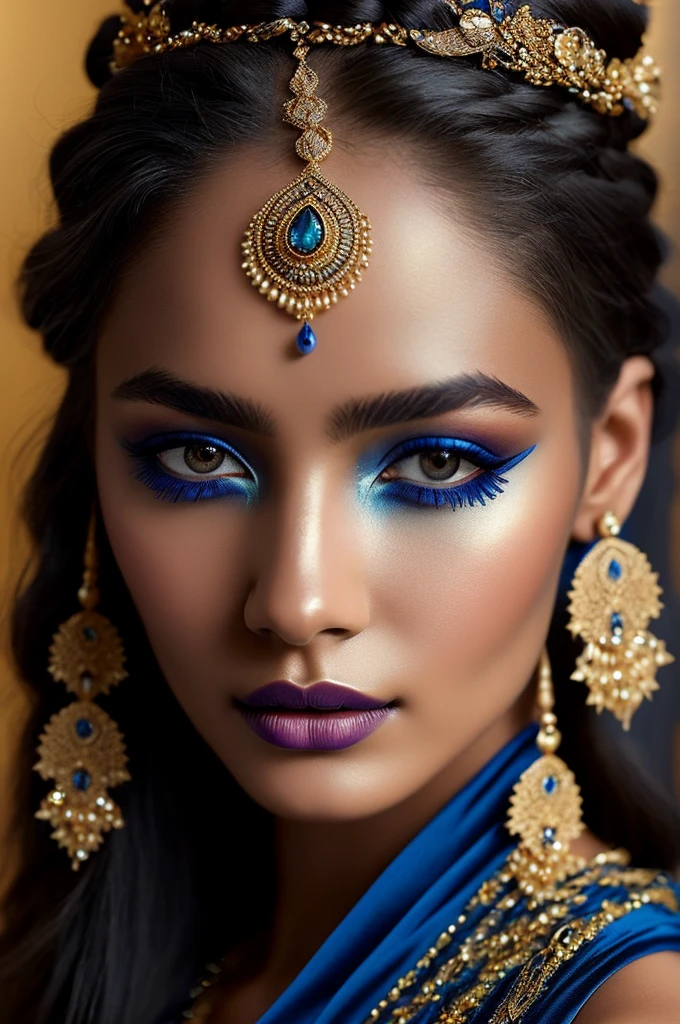 Close-up of a fantastical being with blue skin, golden accents and intricate patterns, delicate golden sparkles creating a glowing effect, serene and mysterious expression, braided hair with golden beads, elaborate headpiece with ornate details, soft blur background to emphasize her ethereal beauty, intricate adornments highlight her otherworldly nature, glowing golden details creating a mystical aura, eyes filled with a deep, soulful gaze, lips slightly parted hinting at a soft whisper, golden jewelry and embellishments adding to the regal appearance, smooth and otherworldly texture of her skin, artistic use of light and shadow to enhance facial features, elements of fantasy and mysticism in her design, a sense of calm and wisdom emanating from her expression, blue skin contrasting beautifully with the golden details, headpiece featuring gemstones and floral motifs, hair styled in elegant thick braids, overall composition harmonious and captivating.