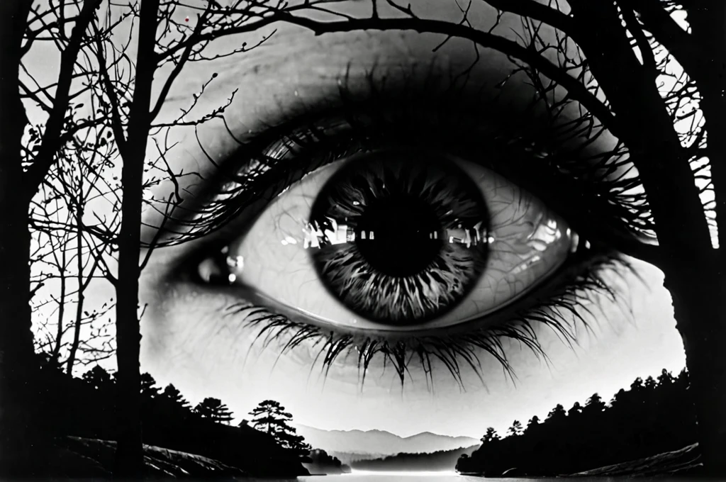 ((double exposure)) , art by Eyvind Earle and (Kyoto:0.7) , photograph, "The Eye of Future", at Twilight, cinestill, Ilford HP5, telephoto lens, ((double exposure))