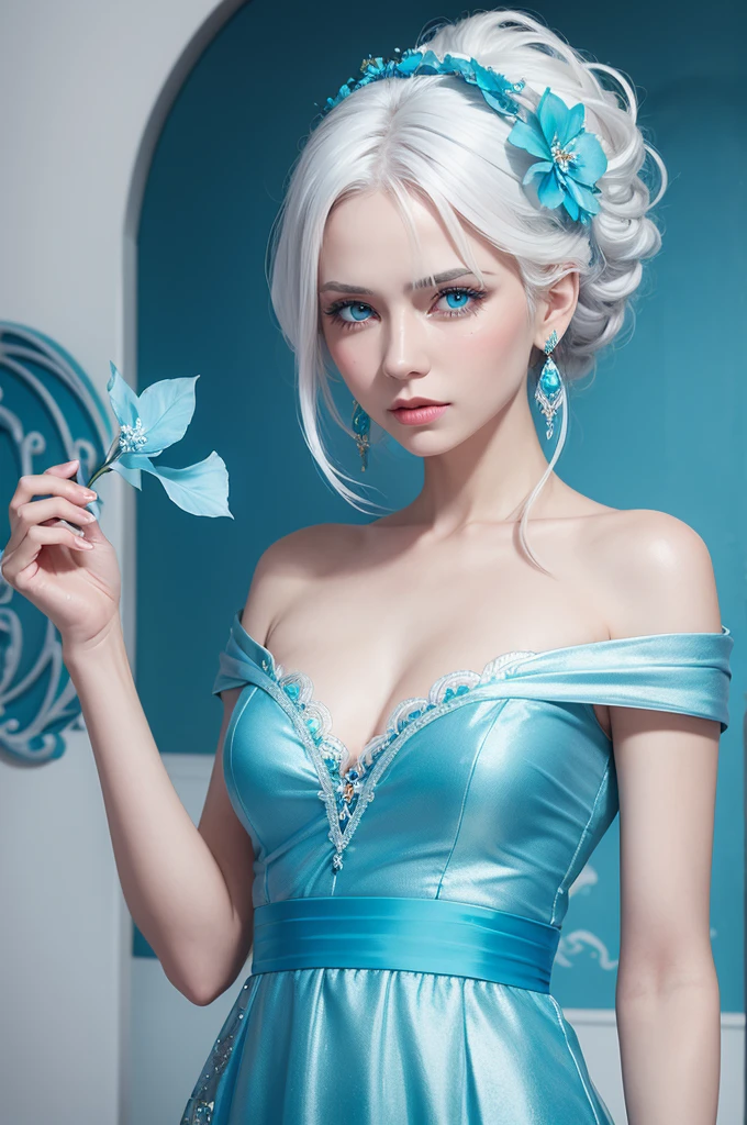 Create a woman with white hair and blue eyes wearing a turquoise blue oriental dress and holding a crying blue flower and an ice foil at her side