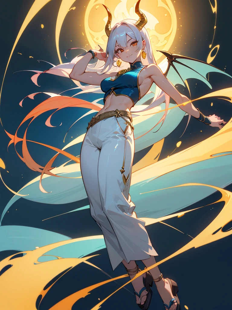 (masterpiece, best quality, 4k, anime:1.2), 1girl, Drakaina, solo, flirting expression, half body portrait, smiling mischievously, looking at camera, long silver hair tied back, sharp golden eyes, pale skin, C-cup breasts, tall, muscular hourglass figure, beautiful six-pack, two beautiful simple golden dragon horns on the head, another set of short golden dragon horns under the ears, sharp golden dragon claws, dragon tail resemble light blue steel, dragon wings resemble light blue steel, blue pear earrings, light blue gemstone necklace with golden dragon phoenix pendant, white sleeveless crop top, ivory trousers, dark blue leather belt, dark blue platform sandals, zerochan art,detailed digital anime art