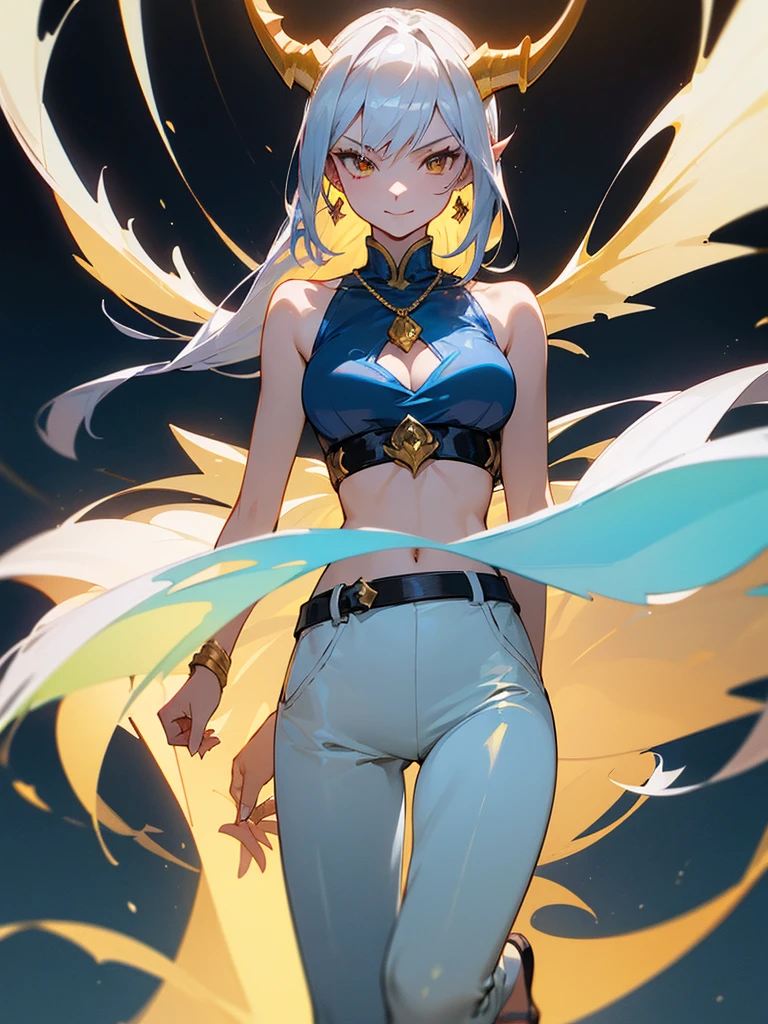 (masterpiece, best quality, 4k, anime:1.2), 1girl, Drakaina, solo, flirting expression, half body portrait, smiling mischievously, looking at camera, long silver hair tied back, sharp golden eyes, pale skin, C-cup breasts, tall, muscular hourglass figure, beautiful six-pack, two beautiful simple golden dragon horns on the head, another set of short golden dragon horns under the ears, sharp golden dragon claws, dragon tail resemble light blue steel, dragon wings resemble light blue steel, blue pear earrings, light blue gemstone necklace with golden dragon phoenix pendant, white sleeveless crop top, ivory trousers, dark blue leather belt, dark blue platform sandals, zerochan art,detailed digital anime art