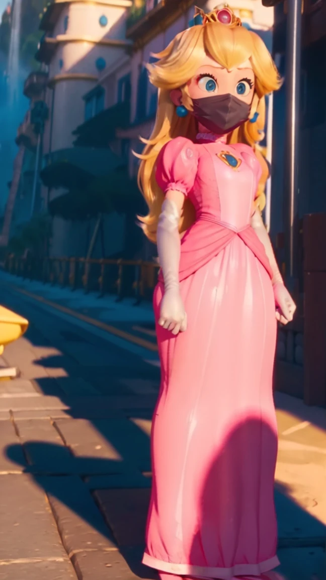 Princess Peach, (wearing a pink dress), huge breasts, upper body, masterpiece,8k, best quality, good hands,good eyes, pixarstyle, 1girl, solo, style,parody,3d,long hair, detail hair, blonde hair, maximum detail, intricate detail, extremely clear, beach, nsfw, smile, shy, blush, embaressed, ((long hair)), (tall girl), (solo, 1 girl), ((shibari, arms behind back : 1.4)) , ( full face otn gag mask), (full body view),((toes to head view)), ((complete body view photo)), ((standing)), Scared, (Skinny), view the viewer, ((shibari, bound arms, arms back behind:1.4)), ((tight full face latex mask)), (otn gag), gagged, (tight latex mask), (black mask), day light, ((she wears a black mask with a mouth printed on it))