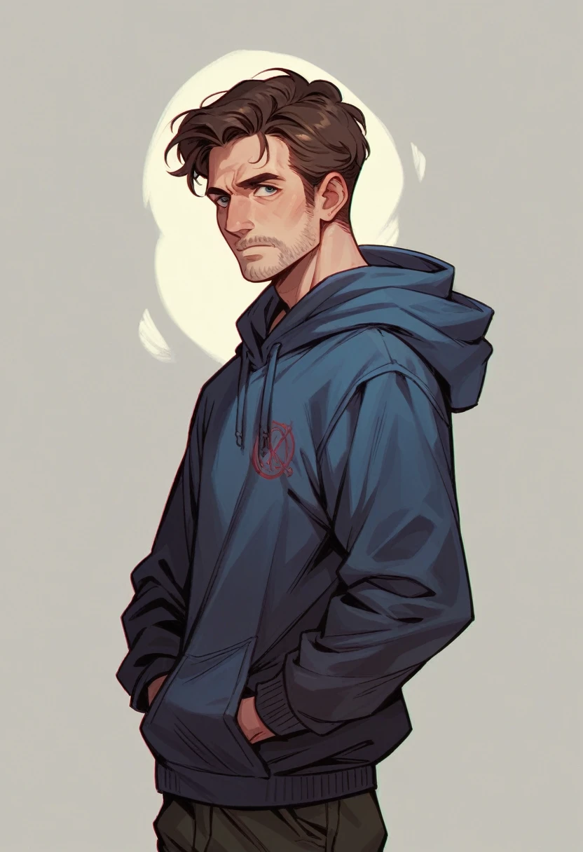 Create a photo of a person wearing a hoodie standing with his back to the screen like Alan Walker