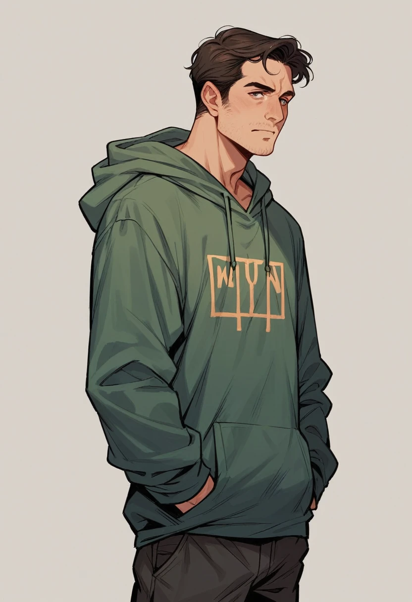 Create a photo of a person wearing a hoodie standing with his back to the screen like Alan Walker