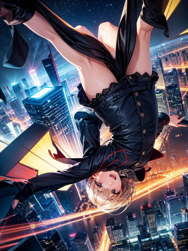 Highest quality,Highest Resolution,Woman jumping off a skyscraper,Night city falling upside down,