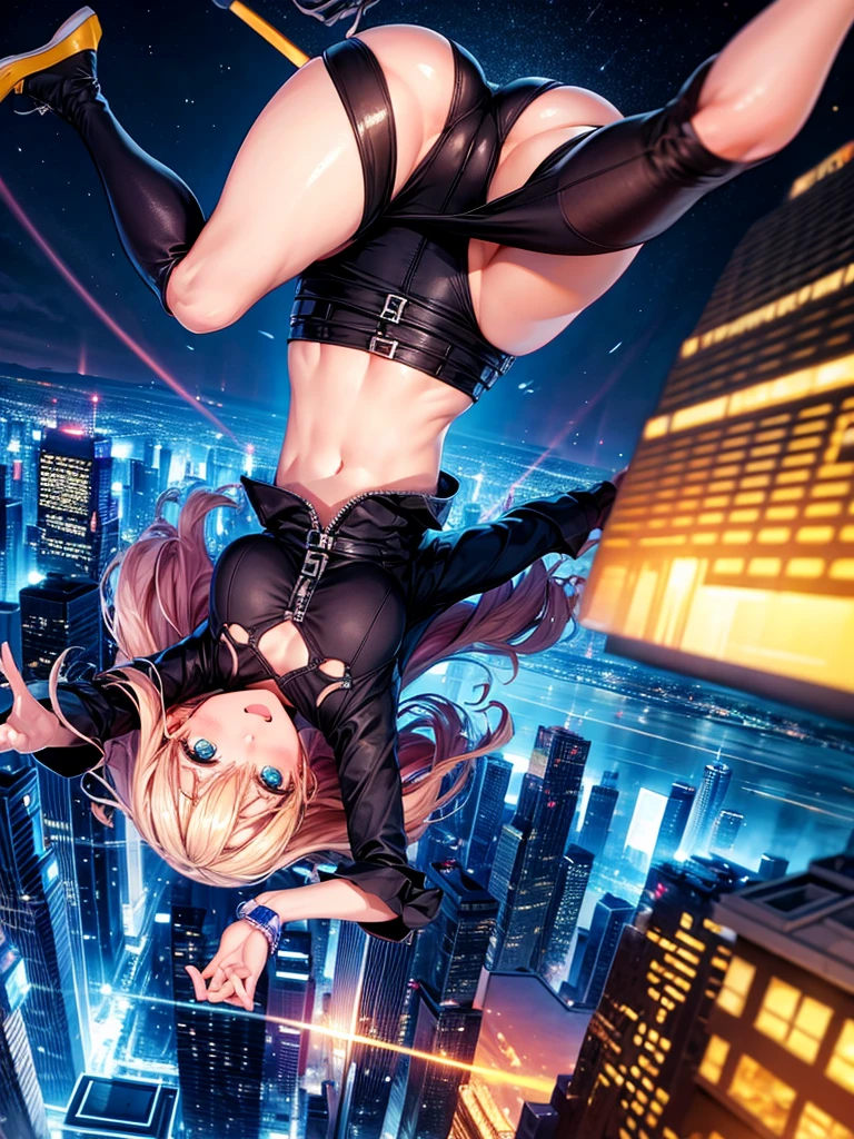 Highest quality,Highest Resolution,Woman jumping off a skyscraper,Night city falling upside down,