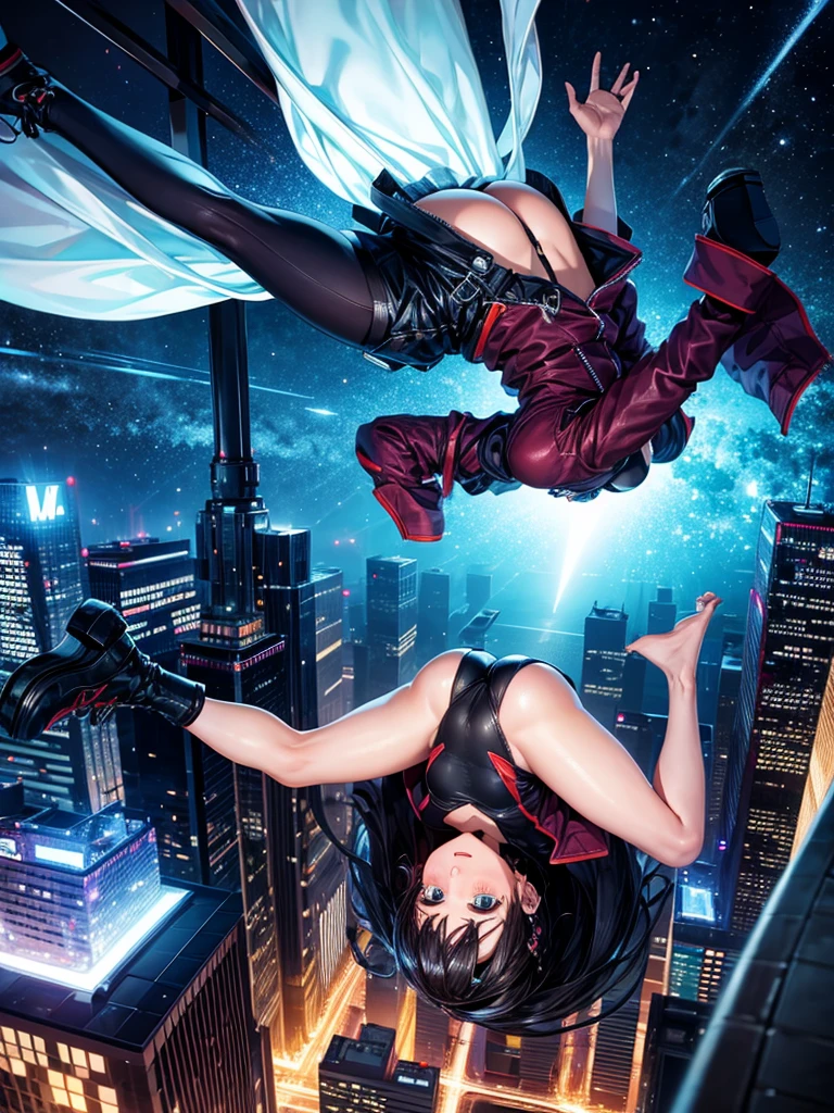 Highest quality,Highest Resolution,Woman jumping off a skyscraper,Night city falling upside down,