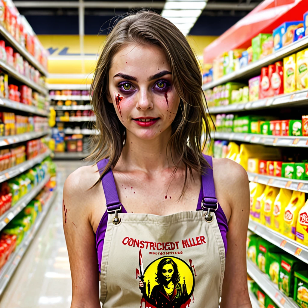 (masterpiece:1.3) 1girl, , (female serial killer:1.5) (skinny with an ugly face:1.3) working at Walmart, wearing an apron with topless under the apron, wide eyes, blood stains on clothes, short khaki shorts, big evil smile, (holding a knife:1.3), horror Walmart background, florescent grocery store lighting, deep shadows , extreme details, , complimentary lighting colors, deep skin, , brightly colored composition, "constricted pupils, small pupils, yellow glowing eyes", Slender Girl, OL, JK, purple bags_under_eyes, ( downblouse, BarbaraEvenot, Bags und