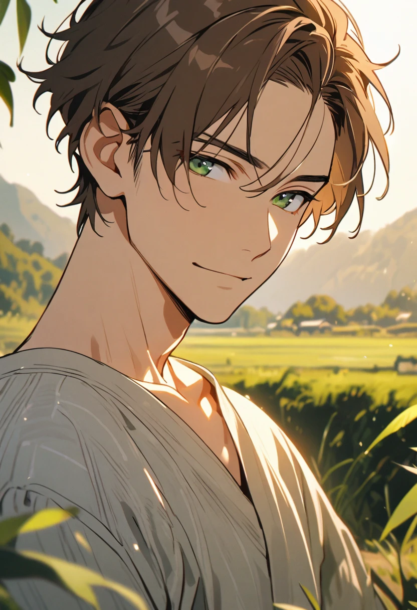 male, brown hair, short hair, solo, green eyes, handsome, beautiful backround, peaceful face