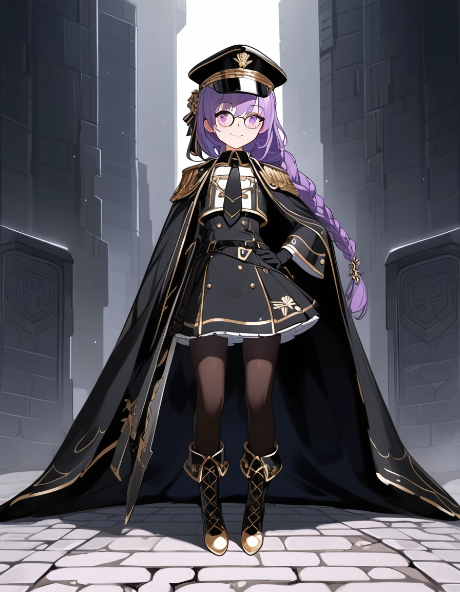 realisitic, from front, City Deserted, Pile of rubble, Brick building, a one woman (18 years old, far away blackw hair, far away slits, Eyes red, glare eyes, 精致的面容, standing (In floor, feet shoulder-width apart), Lolita style military uniform (blackw base, Red Insert, golden decoration, volantes, wide sleeves, dainty and delicate detailing armors), blackw far away gloves (blackw, Red Insert, golden decoration, small hands, armors), blackw far away gloves, knee high boots (blackw, high-heels, red soles), ha (blackw, aba dourada, shield emblem, delicate details), arms in front, Front of belly, Holding military swords with both hands (blackw, golden decoration, delicate detail, Handle at the top, Ground-facing blade, in front of the body, far away), night sky (blackw, stele, Increased flames and smoke), Pale painting style, One Girl, super high quality, Super Detail, Super Detailed image, long hair, looking at viewer, skirt, shirt, hair ornament, violet eyes, gloves, round glasses, long sleeves, hat, closed mouth, jacket, violet hair, braid, open clothes, necktie, black gloves, black skirt, uniform, single braid, open jacket, black jacket, black headwear, 手链, peaked cap, black necktie, cropped jacket, military hat, pantyhose, Flat Chest, smile, Black Cape