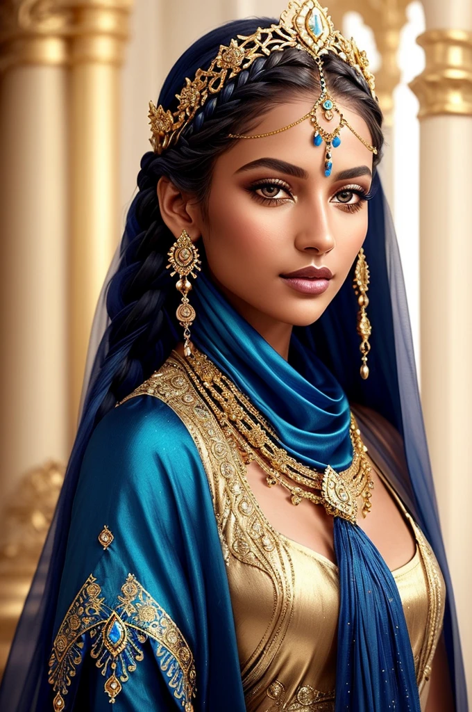 Close-up of a fantastical being with blue skin, golden accents and intricate patterns, delicate golden sparkles creating a glowing effect, serene and mysterious expression, braided hair with golden beads, elaborate headpiece with ornate details, soft blur background to emphasize her ethereal beauty, intricate adornments highlight her otherworldly nature, glowing golden details creating a mystical aura, eyes filled with a deep, soulful gaze, lips slightly parted hinting at a soft whisper, golden jewelry and embellishments adding to the regal appearance, smooth and otherworldly texture of her skin, artistic use of light and shadow to enhance facial features, elements of fantasy and mysticism in her design, a sense of calm and wisdom emanating from her expression, blue skin contrasting beautifully with the golden details, headpiece featuring gemstones and floral motifs, hair styled in elegant thick braids, overall composition harmonious and captivating.