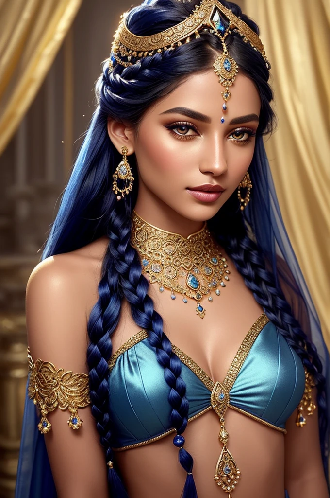 Close-up of a fantastical being with blue skin, golden accents and intricate patterns, delicate golden sparkles creating a glowing effect, serene and mysterious expression, braided hair with golden beads, elaborate headpiece with ornate details, soft blur background to emphasize her ethereal beauty, intricate adornments highlight her otherworldly nature, glowing golden details creating a mystical aura, eyes filled with a deep, soulful gaze, lips slightly parted hinting at a soft whisper, golden jewelry and embellishments adding to the regal appearance, smooth and otherworldly texture of her skin, artistic use of light and shadow to enhance facial features, elements of fantasy and mysticism in her design, a sense of calm and wisdom emanating from her expression, blue skin contrasting beautifully with the golden details, headpiece featuring gemstones and floral motifs, hair styled in elegant thick braids, overall composition harmonious and captivating.