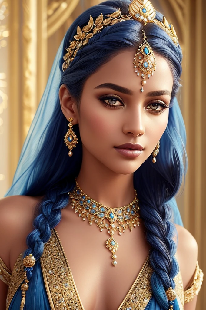 Close-up of a fantastical being with blue skin, golden accents and intricate patterns, delicate golden sparkles creating a glowing effect, serene and mysterious expression, braided hair with golden beads, elaborate headpiece with ornate details, soft blur background to emphasize her ethereal beauty, intricate adornments highlight her otherworldly nature, glowing golden details creating a mystical aura, eyes filled with a deep, soulful gaze, lips slightly parted hinting at a soft whisper, golden jewelry and embellishments adding to the regal appearance, smooth and otherworldly texture of her skin, artistic use of light and shadow to enhance facial features, elements of fantasy and mysticism in her design, a sense of calm and wisdom emanating from her expression, blue skin contrasting beautifully with the golden details, headpiece featuring gemstones and floral motifs, hair styled in elegant thick braids, overall composition harmonious and captivating.