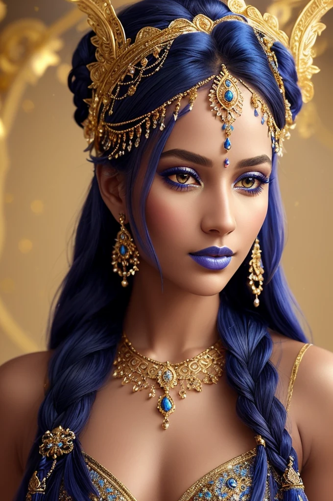 Close-up of a fantastical being with blue skin, golden accents and intricate patterns, delicate golden sparkles creating a glowing effect, serene and mysterious expression, braided hair with golden beads, elaborate headpiece with ornate details, soft blur background to emphasize her ethereal beauty, intricate adornments highlight her otherworldly nature, glowing golden details creating a mystical aura, eyes filled with a deep, soulful gaze, lips slightly parted hinting at a soft whisper, golden jewelry and embellishments adding to the regal appearance, smooth and otherworldly texture of her skin, artistic use of light and shadow to enhance facial features, elements of fantasy and mysticism in her design, a sense of calm and wisdom emanating from her expression, blue skin contrasting beautifully with the golden details, headpiece featuring gemstones and floral motifs, hair styled in elegant thick braids, overall composition harmonious and captivating.