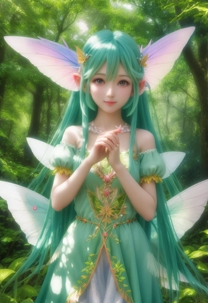 ai cute ears fay fairy fantasy hair nature forest leafy clothes realistic wings vibrant colors colorful art style nice hands perfect hands vibrant proof