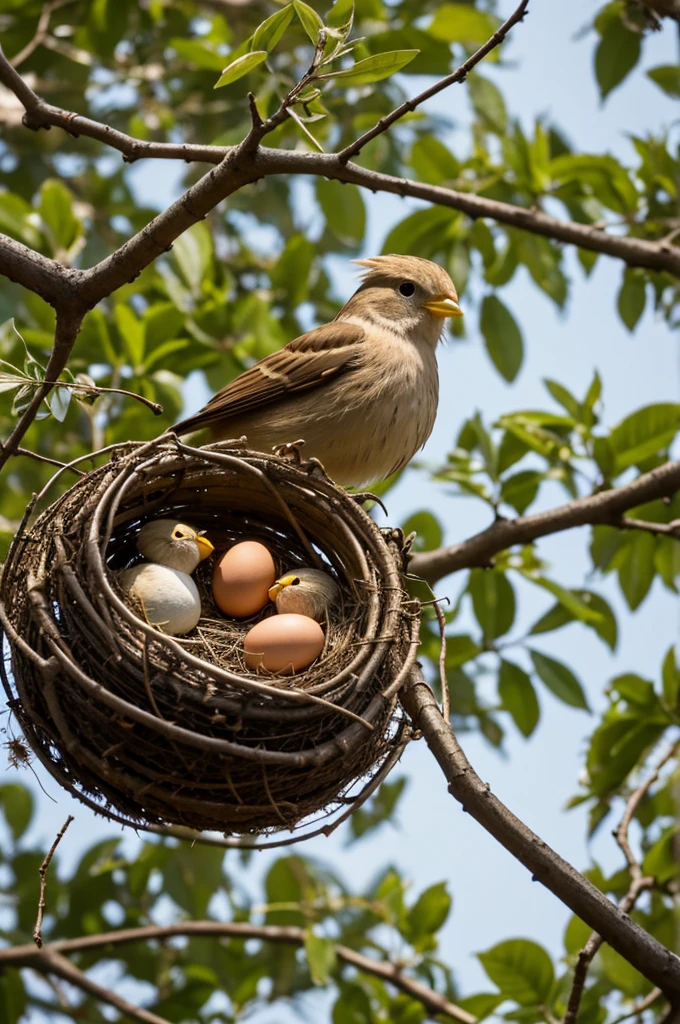 in the evening on a branch of a tree a mother bird was seen tending to her nest. the nest is made of dry weeds mixed with some wooden twigs. also seen some eggs in the bird's nest. describe the atmosphere.