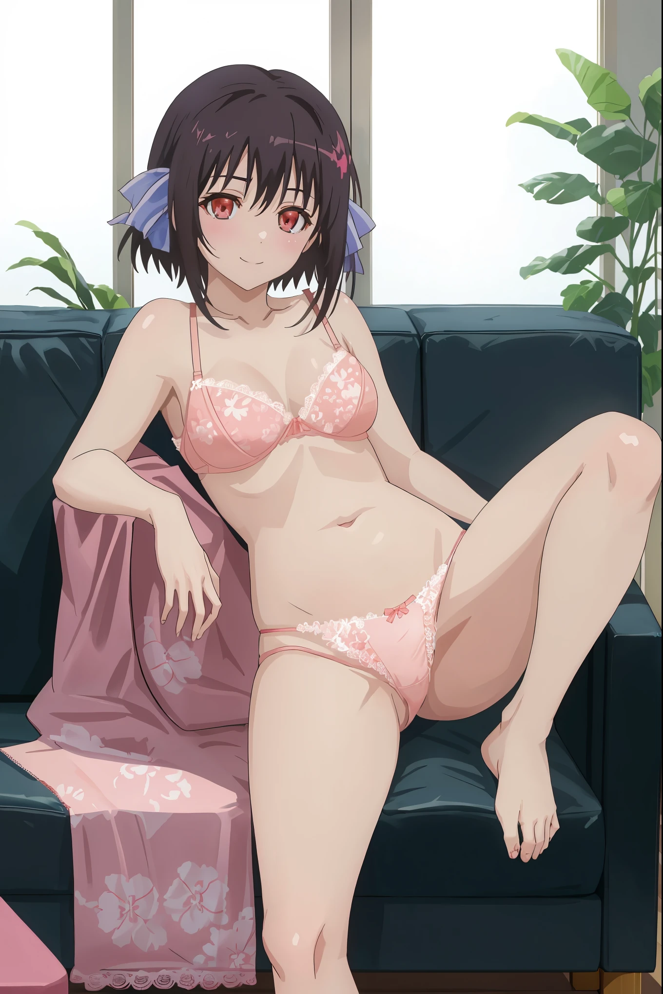 [[anime styled]],[[digitalart]],masterpiece,best quality,Tomomi_Xijing,(red eyes),black hair,Short hair,Hair Ribbon,(midium build),NSFW,1girl,((sitting on the couch,reclining)),face focus,short torso,Perfect Lighting,[perfect anatomy],,((nude)),((pink floral lace panties,)),((pink floral lace bra)),cameltoe,relaxing,seductive smile,spread legs,   break background living room,couch