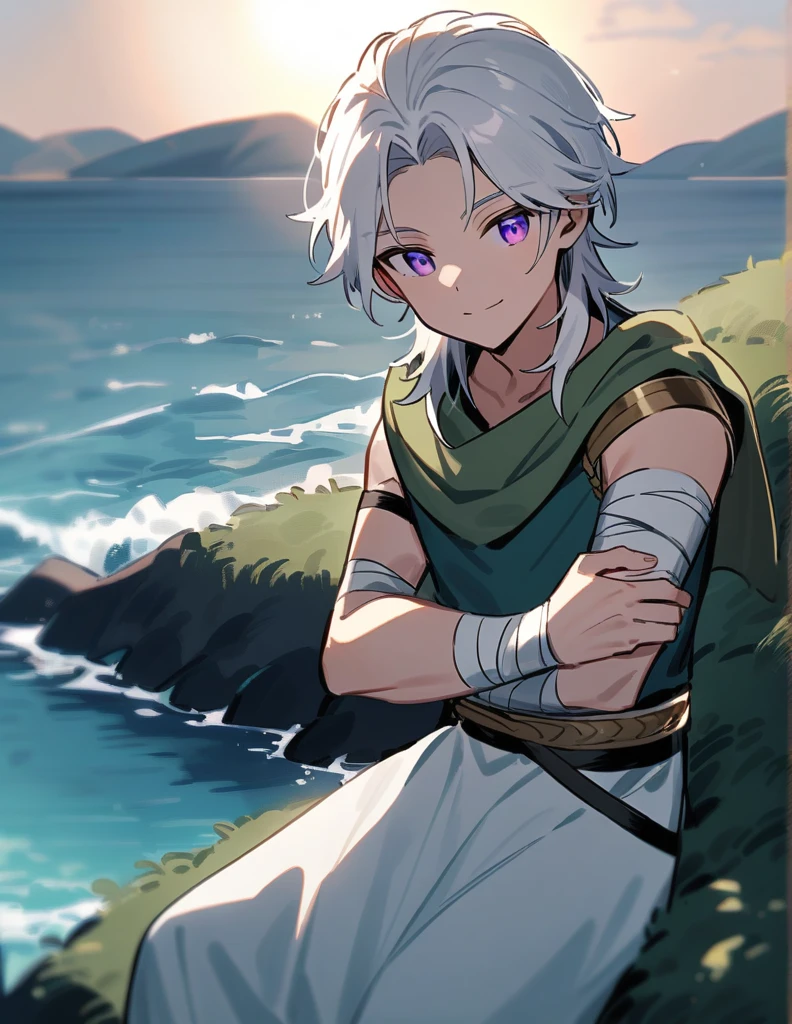 young Greek warrior with shoulder-length long white hair, violet eyes, with one of his arms bandaged, sitting on a hill facing the sea and giving a gentle smile