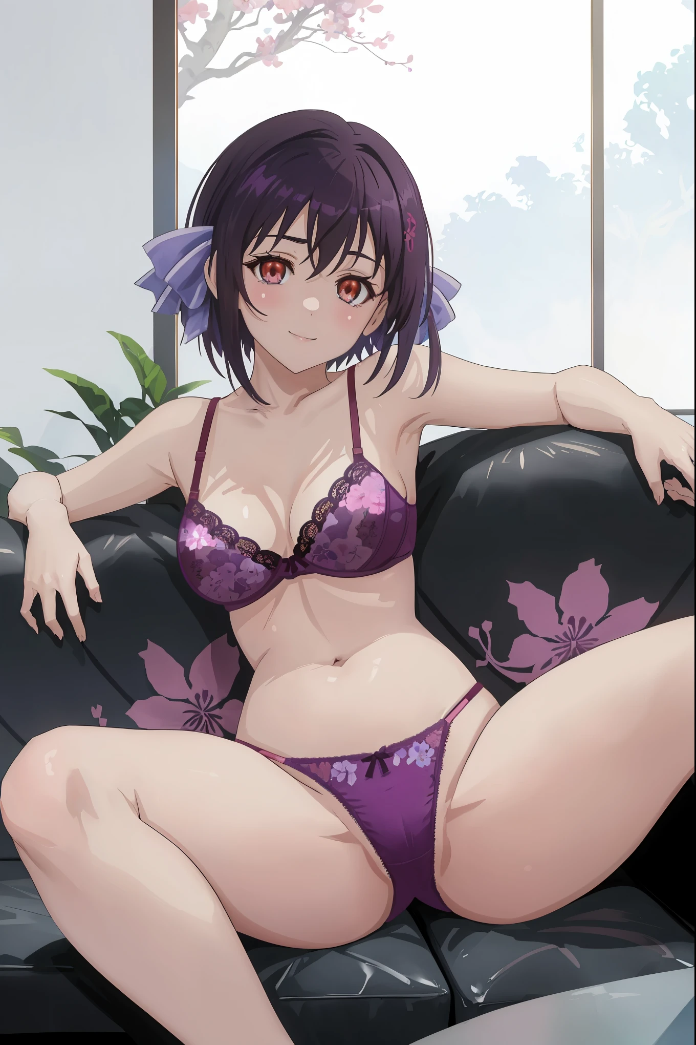 KaoriHojo, masterpiece, best quality, highres, 1girl, solo, fang, skin fang, short hair, (mole on thigh:0.8), bangs, hair behind ear, purple eyes, hair ornament, open mouth, beach, smile, squatting, small chest, short height, ***********, flat chest, small, cleavage, ((bare shoulder)), exposed, loose shirt, navel, presenting armpit