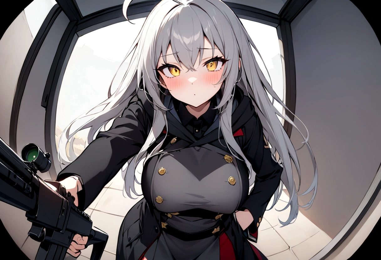 (masterpiece, best quality:1.2), 1girl, 独奏,Black military uniform、Looking through the scope、Point your gun at us、Grey long hair、Ahoge、Yellow Eyes、Ready your gun?、sniper rifle、Background of military bases、Fisheye Lens、battlefield、Shadows of light and darkness、Confused eyes、Gray trench coat、A black hoodie on top、ナイフとReady your gun?
