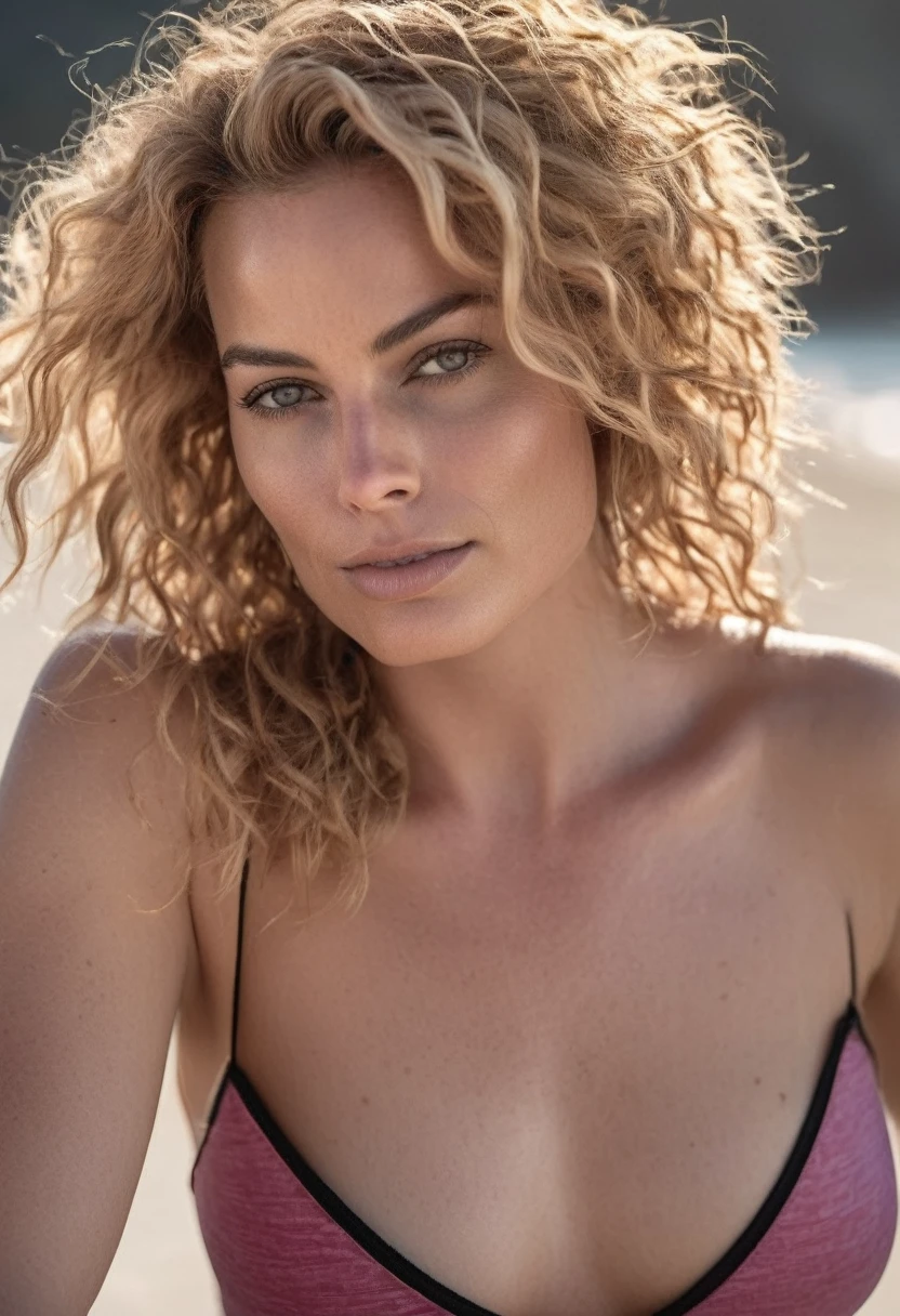  high quality   Erotic celebrity  photo , 40yo woman ( Magrot Robbie, vacation  side location  , photorealistic , celebrity , pink color curly  hair ,random click, she is wearing awet tight MARVEL logo printed shirt:1.5, woman ) sunbathing , shiny sweaty skin , sexualized move, erotic angles, sweaty  flat breas,t celebrity erotic photograph  , fit muscular figure , shiny sweaty skin, on beach,  celebrity, female,  woman, hollywood actress , fleshy muscular woman  , ( natural lights, depth of field, detailed face , insanely detailed skin texture, hyper detailed features )