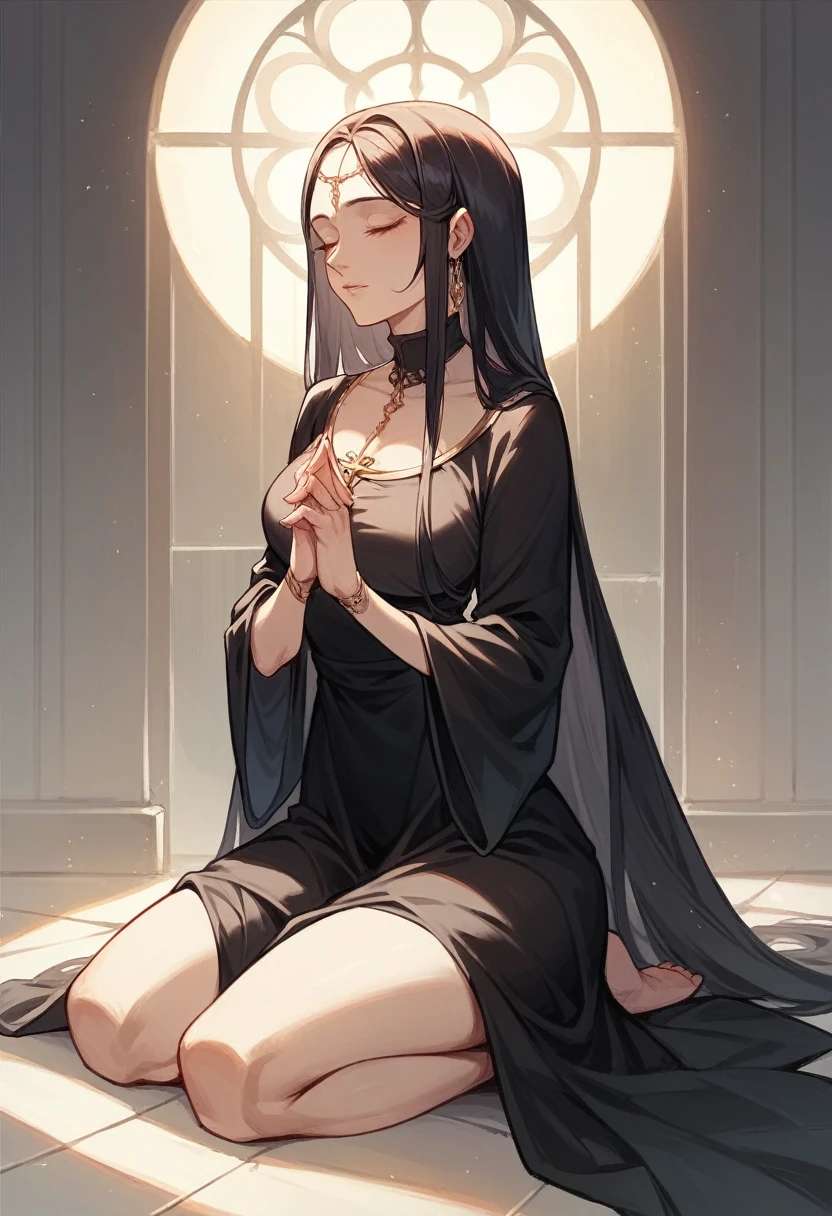 Beautiful woman , long black dress kneeling praying to God