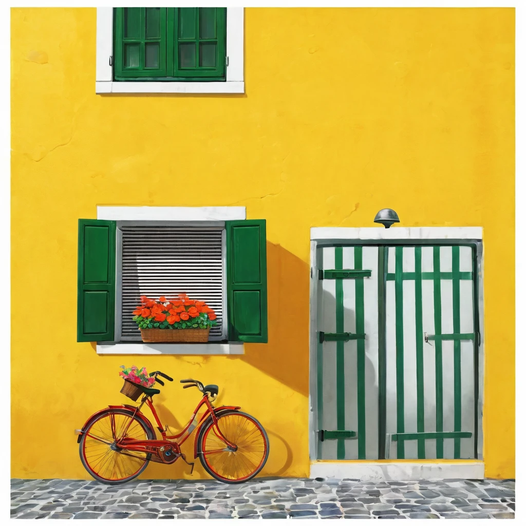 masterpiece, ultra detailed, beautiful, distinct, best aesthetic, super fine illustration, vibrant yellow wall, green shutters, striped awning, red flower pot, windowsill, orange bicycle, cobblestone ground, bright colors, vivid architecture, simple bicycle, #drawing style: Mixed Media #painting method: Impasto, pointier painting method, pointillism technique, repoussoir, Sfumato, Detailing oil pastel art, impressionism, Van Gogh style, Detailing digital painting